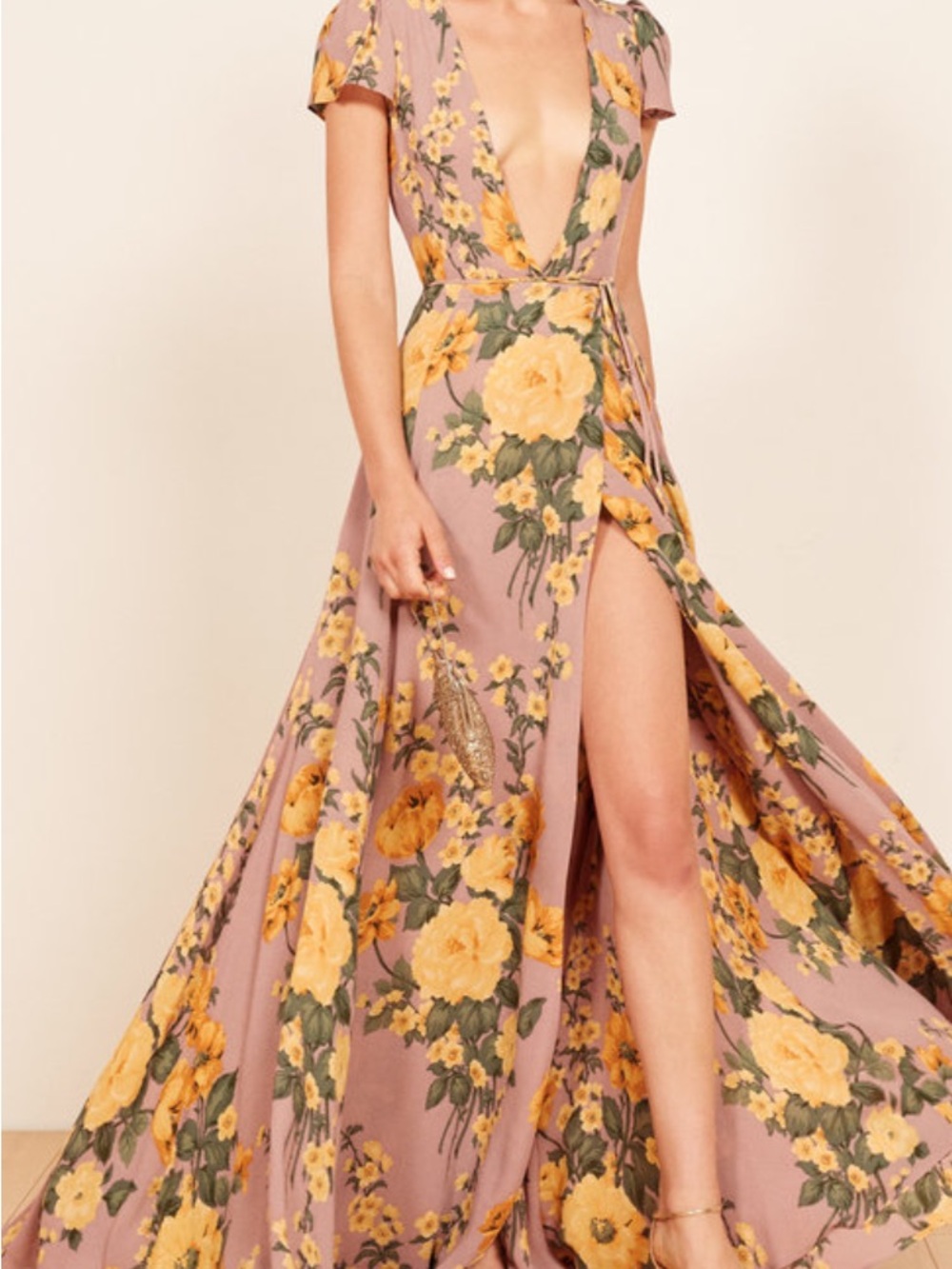 Reformation Mauve Floral Wrap Maxi Dress with Yellow Roses